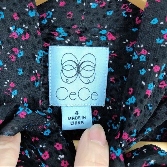 CeCe Long Sleeve Black Dress Wisttful Blooms Size 4 Retro Ditzy-floral Tie Neck - Picture 16 of 16